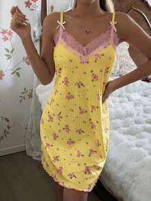 SHEIN Đồ ngủ nữ, áo hai dây ren hoa dệt kim, kiểu dáng áo ngủ. - Màu vàng - Xem 4