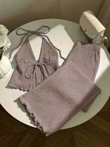 Elamini Women's Textured Pleated Halter Top And Loose Wide Leg Pants Set Comfortable Two Piece Set - Grey - View 4