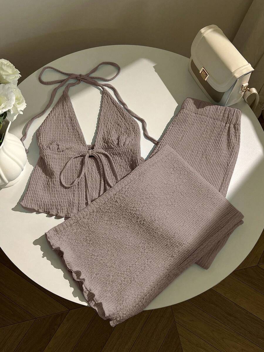 Flirla Conjunto feminino composto por top halter texturizado com pregas e calça pantalona folgada. - Cinza - Ver 1