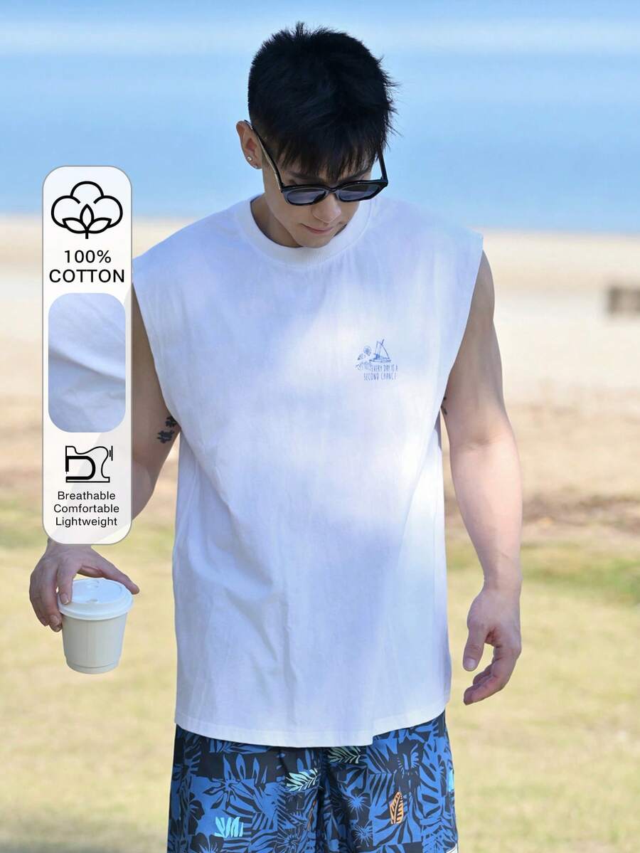 DAZY 男士字母印花白色宽松背心，夏季度假 - 白色 - 查看 1