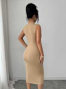 SHEIN Elenzya Asymmetric Neck Waist Cinched Ruffle Hem Elegant Romantic Metallic Decor Women Dress - Apricot - View 2