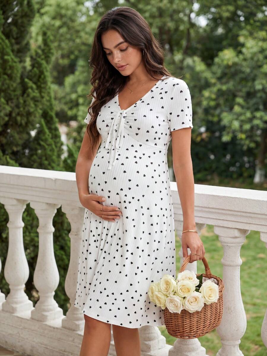 Slowluna Maternity Casual Heart Print Dress For Summer,Pajama,Pajama Dress,Loungewear ,Sleepwear - White - View 1