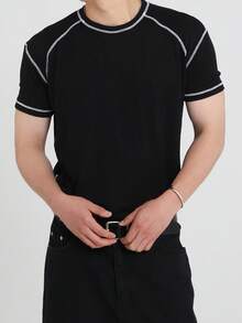 DAZY 男士黑色修身T恤，饰有线条图案，夏季款 - 黑色 - 查看 4