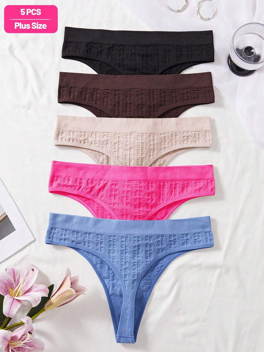 SHEIN 5条装女士加大码基本款纯色无缝舒适罗纹针织性感丁字裤 - 彩色 - 查看 1