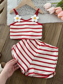 Bộ 2 món áo thun cổ tròn kẻ sọc và quần short cho bé gái - Nhiều màu - Xem 1