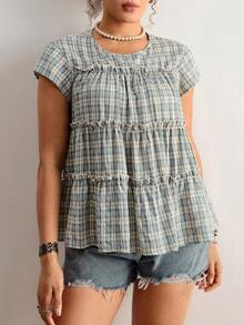 Freevana 大码女式夏季休闲度假格子印花层叠荷叶边娃娃衫 - 藍色 - 查看 5