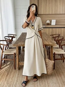 Louniche Apricot Short Sleeve Dress With Black Contrast Trim, Spring/Summer Vacation Wear - Apricot - View 4