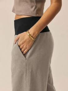 Aralina Contrast Ribbed Wide Waistband And Wide Leg Baggy Track Pants - Dark Grey - View 4