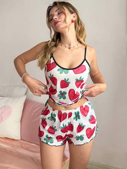 Strawberry Heart Print Casual Camisole & Shorts Pajama Set For Women