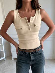 INAWLY Solva Áo tank top không tay dáng ôm, cài khuy kim loại, kiểu dáng thường ngày. - Màu be - Xem 3