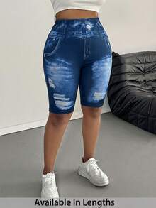 SHEIN PETITE CURVE Quần legging nữ cỡ lớn màu trơn, kiểu dáng thường ngày, thích hợp cho mùa hè. - Xanh và trắng - Xem 5