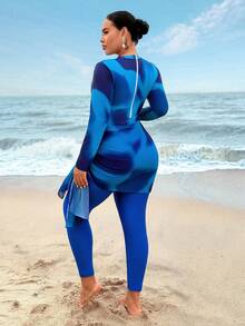 Swim Shayni 2026 New Plus Size Women 3-Piece Set: Blue Tie-Dye Print Top, Sheer Skirt, And Blue Pants - Multicolor - View 2
