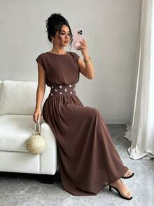 GlowEve Coffee-Color Chiffon Sleeveless Rhinestone Embellished Elegant Dress For Women - Coffee - View 6
