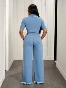 Slaydiva Women's Short Sleeve Frayed Distressed Denim Jumpsuit, Fashionable Summer - Blue - View 3