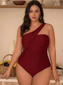 Swim Chiccia 2026 新款优雅度假女士夏季沙滩性感黑色不对称单肩加大码连体泳衣 - 酒紅色 - 查看 2