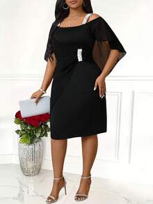Villa Velisse Plus Size Elegant Shoulder Strap Beaded Dress Evening Formal Black Summer - Black - View 4