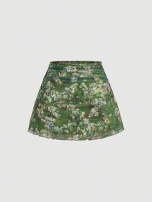 SHEIN MOD 女款綠色花卉細肩帶上衣與迷你裙兩件套，時尚波希米亞風夏季度假穿搭，附腰帶蝴蝶結，適合早午餐、生日派對穿著 - 綠色 - 查看 5