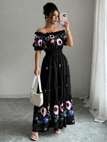 Modelyn Women's Off Shoulder Petal Sleeve Floral Print Waist Flared Romantic Elegant Casual Summer Dress - Black - View 7