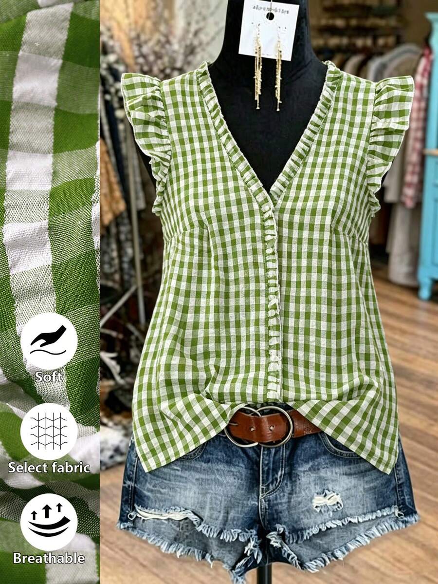 SHEIN JORESS Plus Size Plaid Vertical Striped Ruffle Trim Blouse - Green - View 1