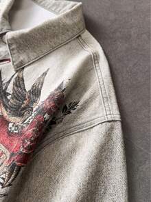 ROMWE MEN Men's Casual Tiger Print Button-Front Washed Denim Short Sleeve Shirt, Summer - Grey - View 5
