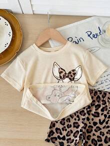 SHEIN Baby Girls Cartoon Print Short Sleeve T-Shirt & Leopard Print Shorts Set - Multicolor - View 4