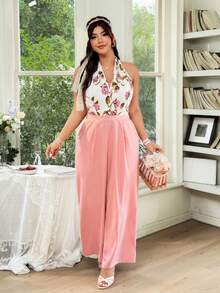 SHEIN Clasi Mono holgado elegante y romántico de la colección de San Valentín con contraste de color, estampado floral de rosa y lazo delantero, talla grande - Multicolor - Ver 5