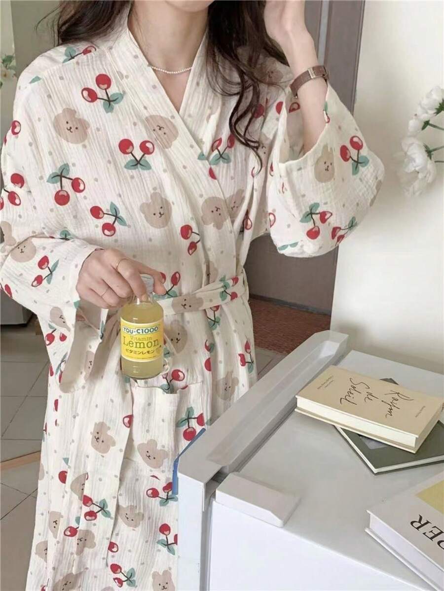 1-Piece Women's Spring/Autumn Korean Style Simple Comfort Bathrobe Pajamas Loose Casual Homewear Quick Absorbent Bathrobe Suitable For Hot Spring Couple Bathrobes - Cherry Bear - View 1