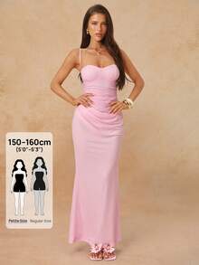 SHEIN BAE Petite Women's Summer Spaghetti Strap Lace & Mesh Patchwork Dress, Suitable For Graduation Party, Wedding Guest, Date, Banquet, Party, Gathering With Friends,Summer Dresses For Women - Pink - View 1