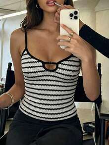 Lucivie Top de tirantes de estilo retro de playa sexy y elegante de mujer, de punto de ganchillo a rayas - Blanco y Negro - Ver 1