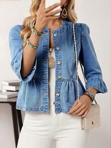 EMERY ROSE 女士时尚百搭单排扣喇叭袖休闲牛仔外套 - 藍色 - 查看 1