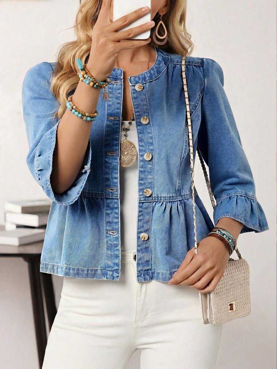 EMERY ROSE 女士时尚百搭单排扣喇叭袖休闲牛仔外套 - 藍色 - 查看 1