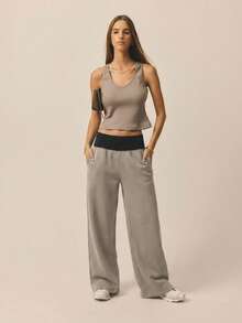 Aralina Contrast Ribbed Wide Waistband And Wide Leg Baggy Track Pants - Dark Grey - View 7