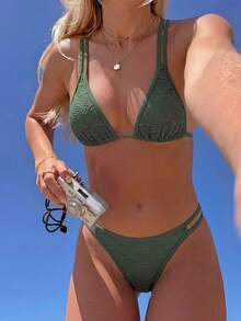 Swim Vcay Women's 2-Piece Solid Color Hollow Fabric Adjustable Strap Cute Vacation Casual Party Bikini Set - Army Green - View 1