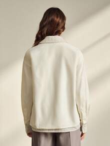 Anewsta 女士新款复古学院风休闲宽松通勤条纹拼接二合一Polo领长袖落肩衬衫 - 杏色 - 查看 7