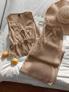 SHEIN EZwear Plus Size Women 2 Pieces Set: Solid Color Front Tie Vest And Pants, Casual - Khaki - View 1