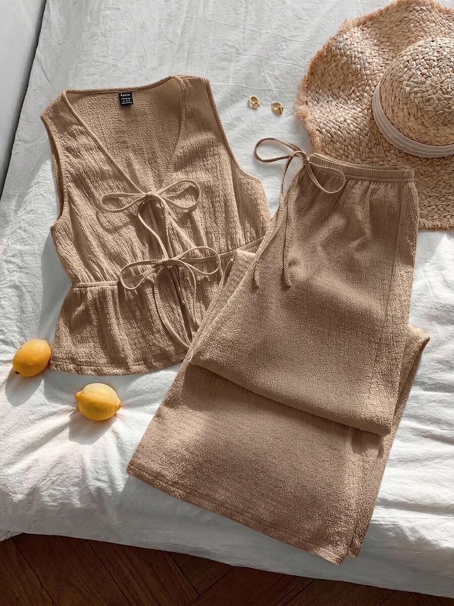SHEIN EZwear Plus Size Women 2 Pieces Set: Solid Color Front Tie Vest And Pants, Casual - Khaki - View 1