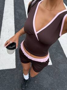 Muchica Brown Knit Women's Tight Fit Activewear Set - Brown - View 6