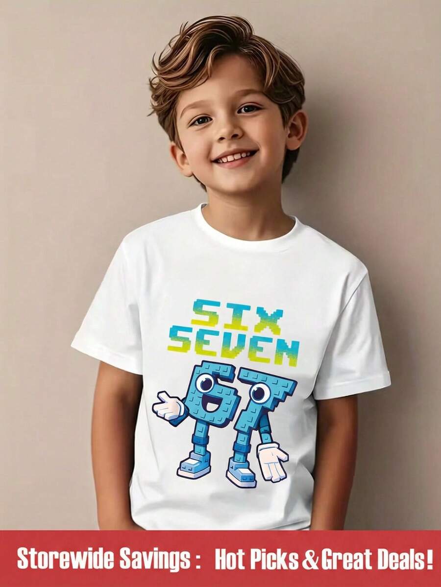 SHEIN Camiseta básica de manga corta con gráfico de dígito "67" y texto "SEIS SIETE" para niños preadolescentes, adecuada para actividades al aire libre, deportes y escuela en verano - Blanco - Ver 1