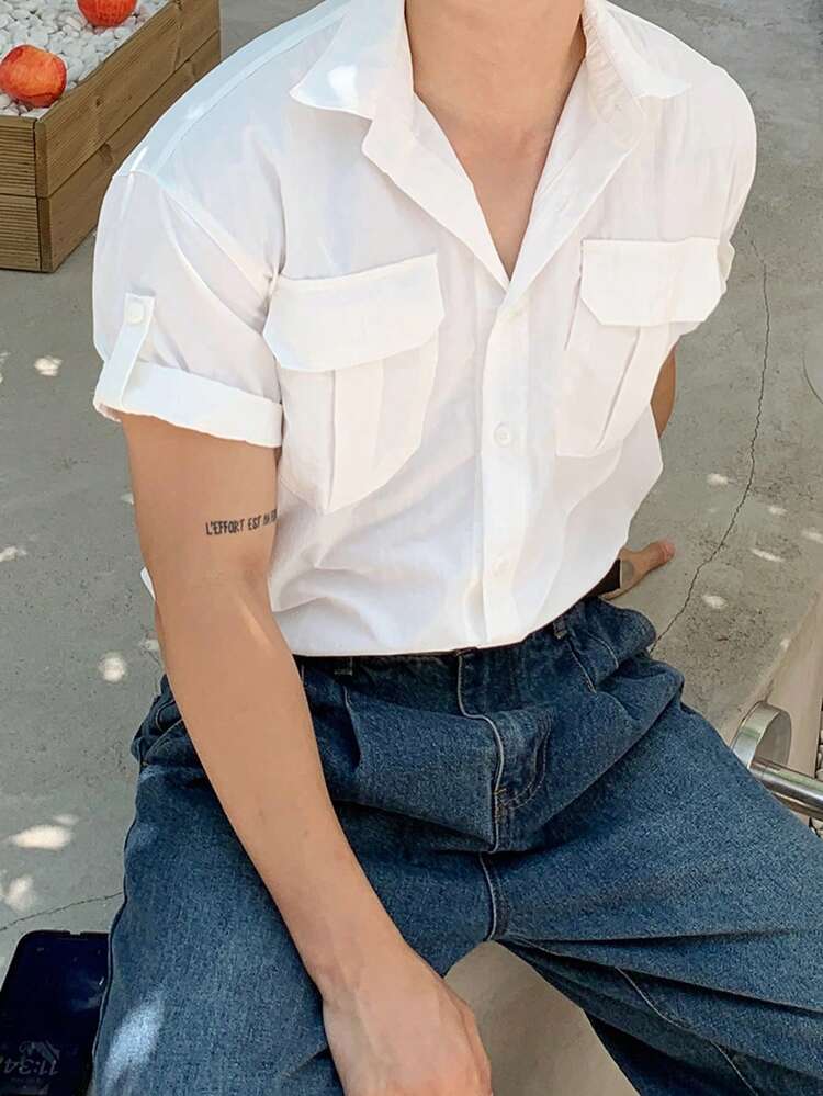 Men's White Short Sleeve Shirt With Pocket Design