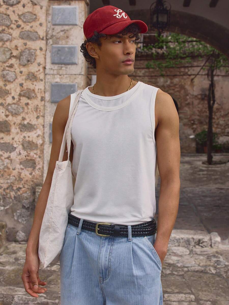 Musero Double Layered Sleeveless Tank Top Neckline Fitted Longer Line Vest Plain Top Spring Summer Essentials Holiday - White - View 1