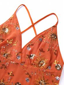 Ellevyn Women's Burnt Orange Boho Summer V-Neck Halter Top,Luxurious Beaded Floral Sequin Vacation Holiday Outfit,Brunch Day Party Zante Zoo Zoey Outfits - Burnt Orange - View 6