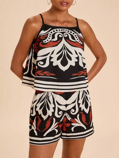 Travachic All-Over Print Women Camisole And Shorts Casual 2 Pieces Set