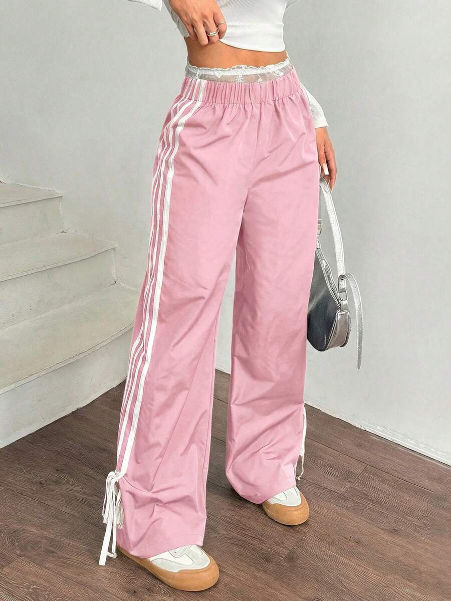 SHEIN EZwear 女士黑色侧边撞色白色织带松紧腰裤 粉色裤子 女士休闲裤 运动裤 抽绳裤 宽松裤 粉色运动裤 阔腿裤 粉色女裤 女士夏季裤 阔腿运动裤 女士运动裤 女士休闲阔腿裤 女士高腰裤 - 粉色 - 查看 1
