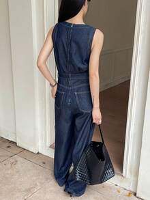 DAZY Bộ áo liền quần denim thường ngày dành cho nữ - Rửa tối - Xem 6