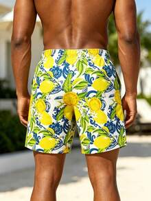 Surfspeed Plus Size Men's Lemon Print Beach Shorts, Holiday - Multicolor - View 2
