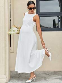 MaterniWear Đầm dài không tay cổ tròn màu trơn, thiết kế tối giản, thanh lịch dành cho bà bầu mùa hè. - trắng - Xem 1
