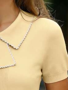 Franclia Áo dệt kim ngắn tay cổ bẻ đơn giản cho nữ, phối đen trắng, thích hợp mặc hàng ngày, mùa xuân/hè. - Màu be - Xem 4