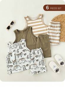 SHEIN Bộ 6 món áo vest và quần short kẻ sọc hình động vật hoạt hình cho bé trai, dễ thương và thoải mái. - Nhiều màu - Xem 1
