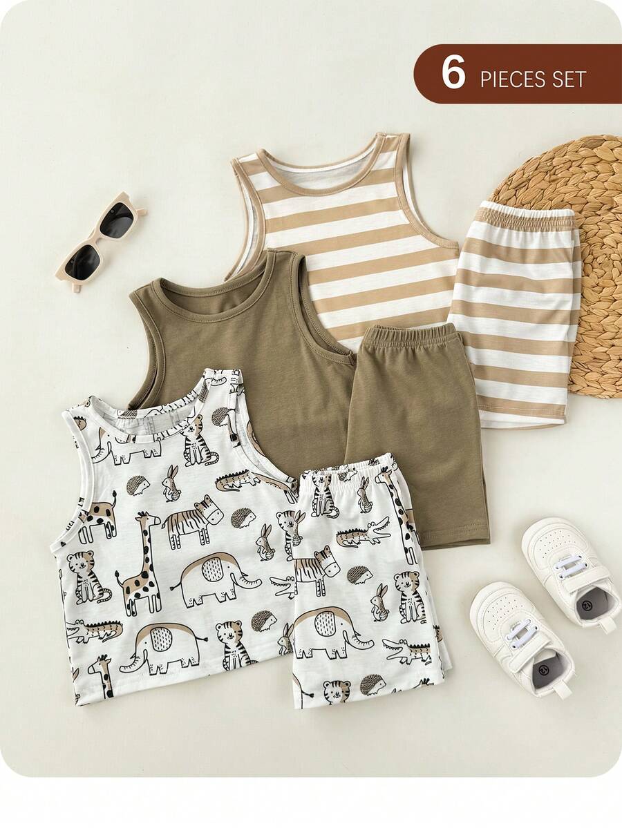 SHEIN Bộ 6 món áo vest và quần short kẻ sọc hình động vật hoạt hình cho bé trai, dễ thương và thoải mái. - Nhiều màu - Xem 1
