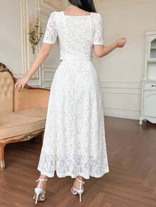 DAZY Women's Elegant Lace Puff Sleeve Blouse And Skirt 2 Pieces Set, Summer - Light Yellow - View 2